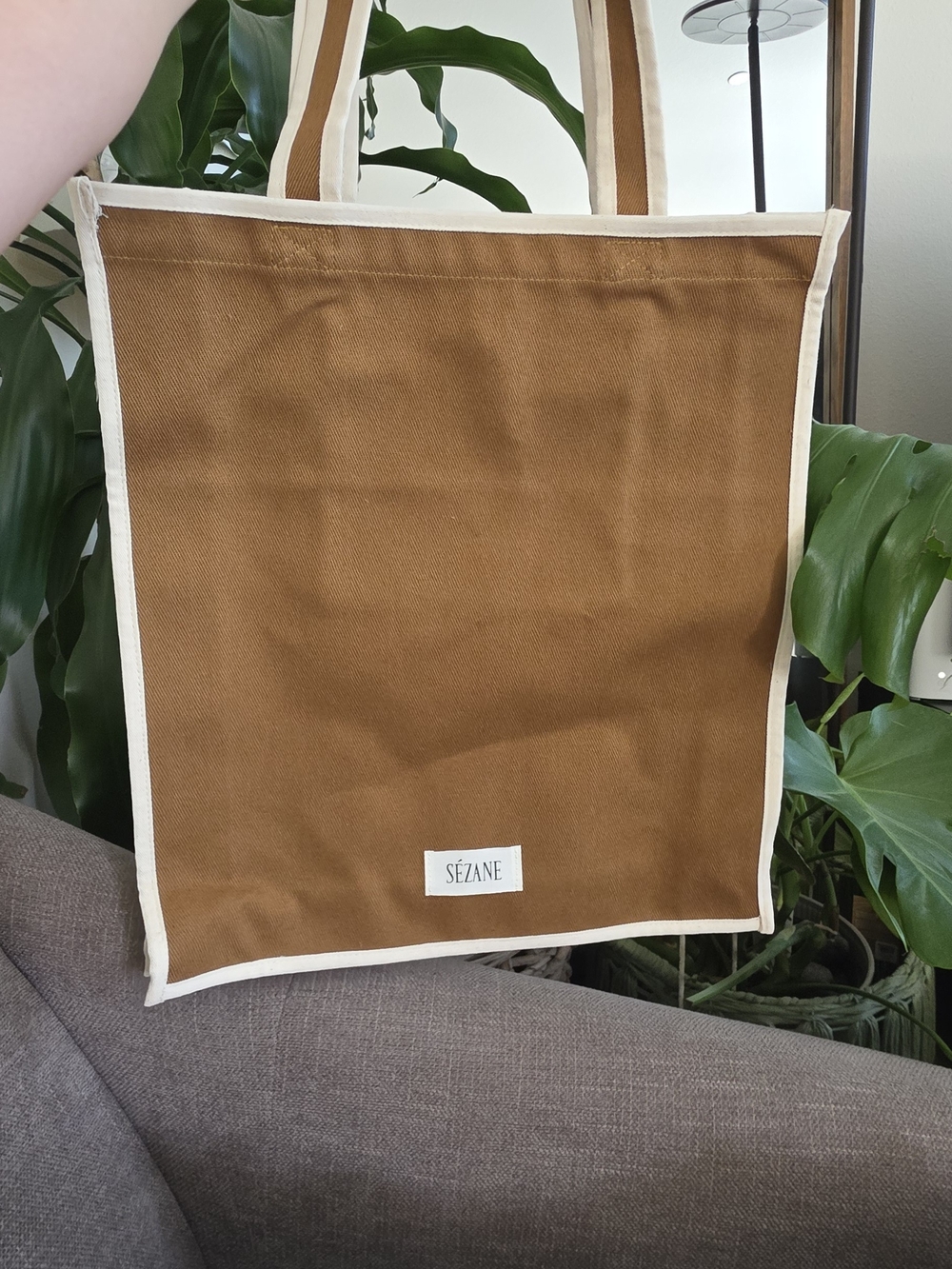Sezane Brown Canvas Tote with Cream Trim